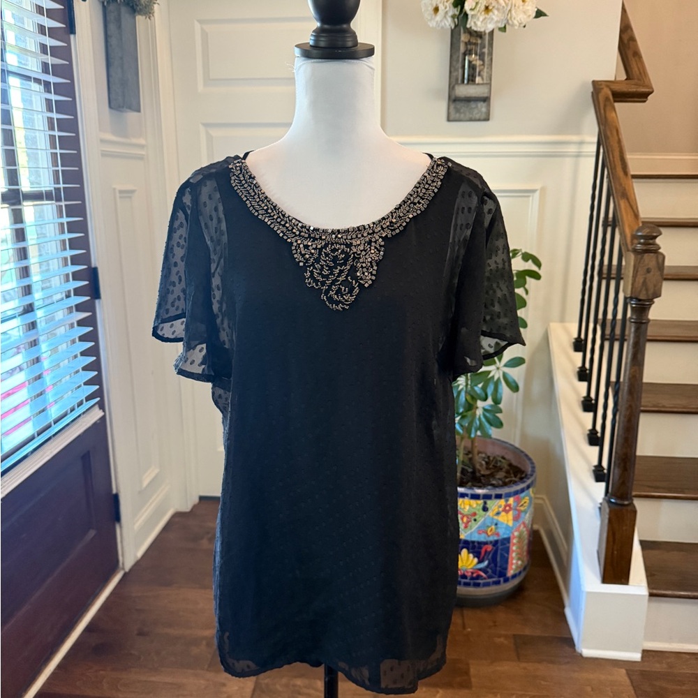 Skies Are Blue Black Beaded Blouse with Razor Cut Back